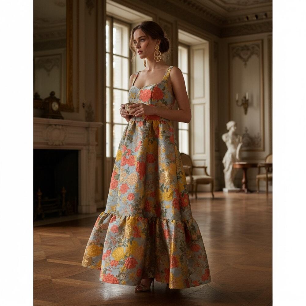Mac Duggal Floral Brocade Maxi Dress in Coral, Yellow and Gray-Blue - Picture 3 of 8